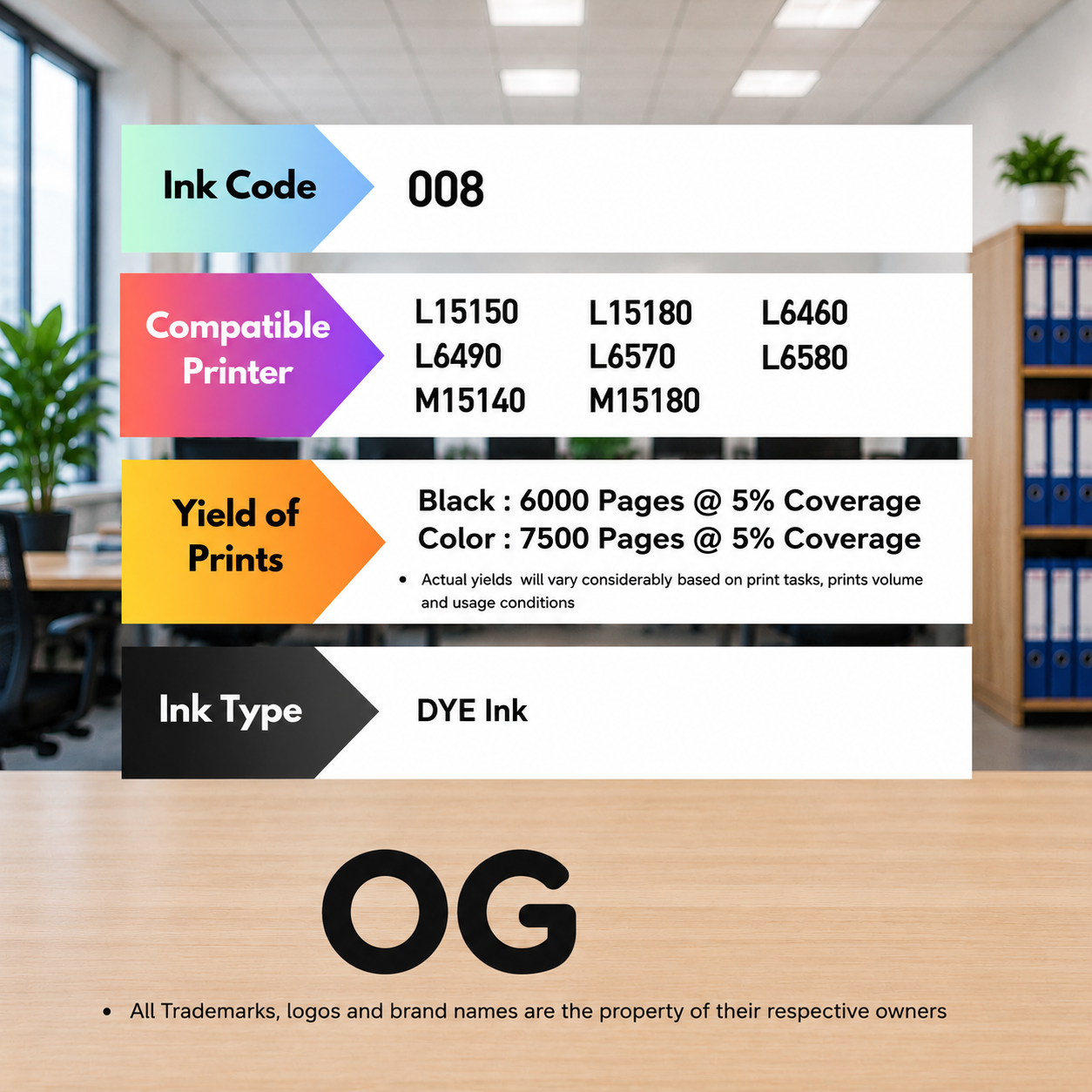OG 008 Ink Bottle Compatible Black/Cyan/Yellow/Magenta set