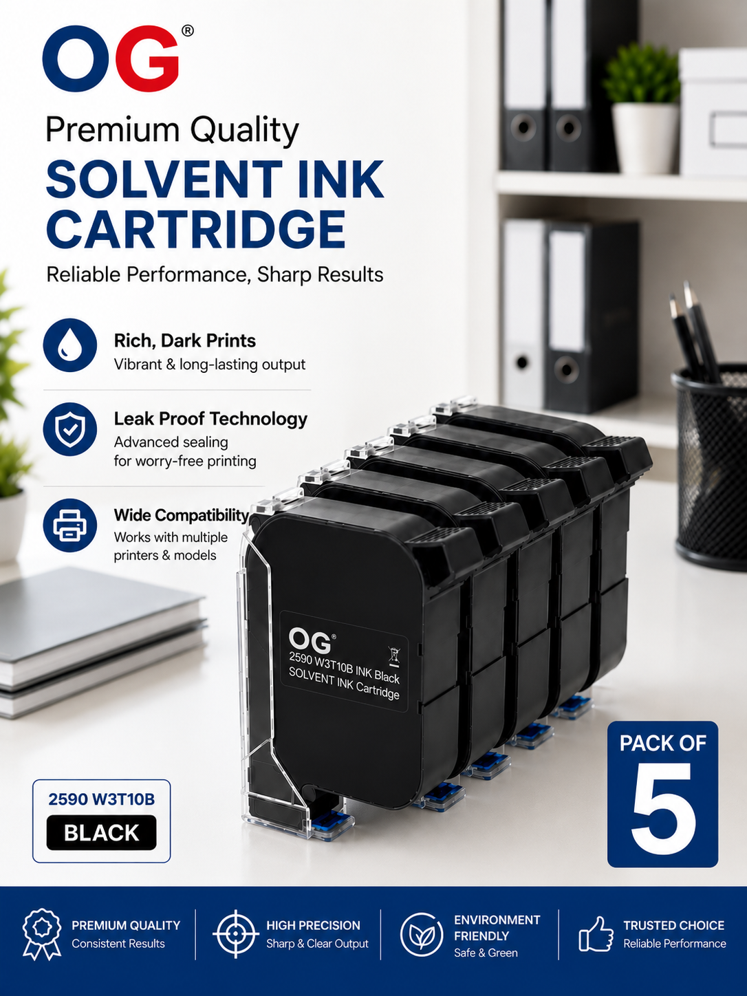 OG 2590 W3T10B Black 2590 Solvent Ink Cartridge Pack of 5