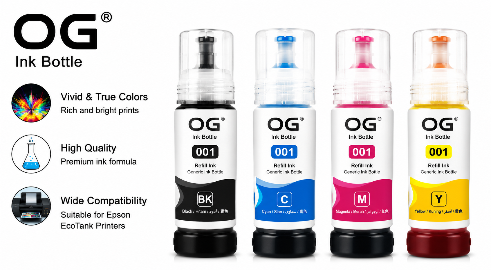 OG 001 Ink Bottle Compatible Black/Cyan/Yellow/Magenta 4pc (BK/C/Y/M 70ML)