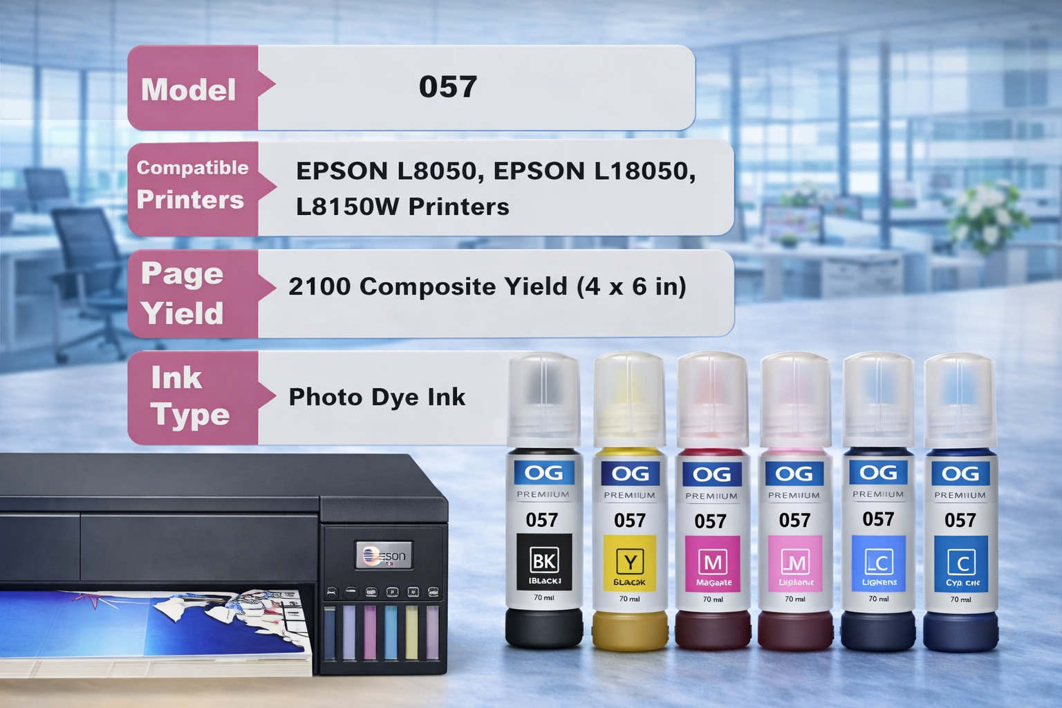 OG 057 Refill Ink Bottle set for Epson L8050, L18050  Printer (Full Color Set 6 Color) Neo online store