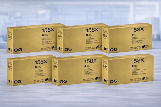Six boxes of 158X toner cartridges with 'OG'Brand