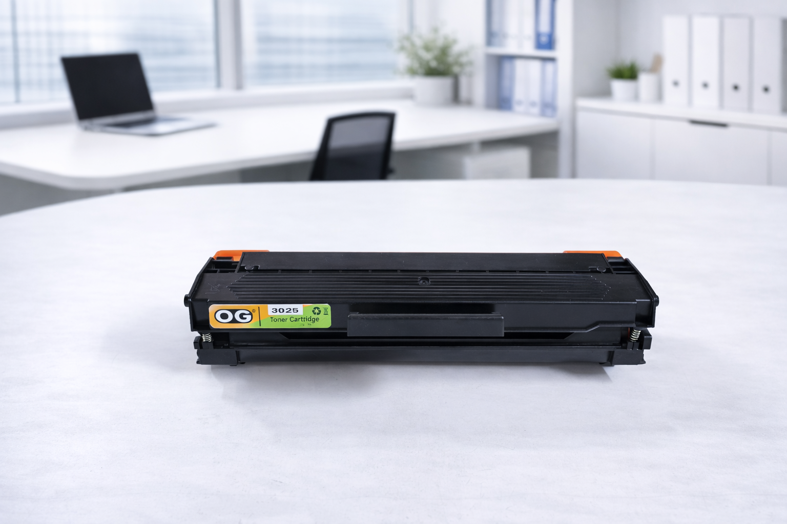 Black toner cartridge on a white surface with an office background