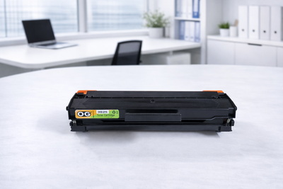 Black toner cartridge on a white surface with an office background