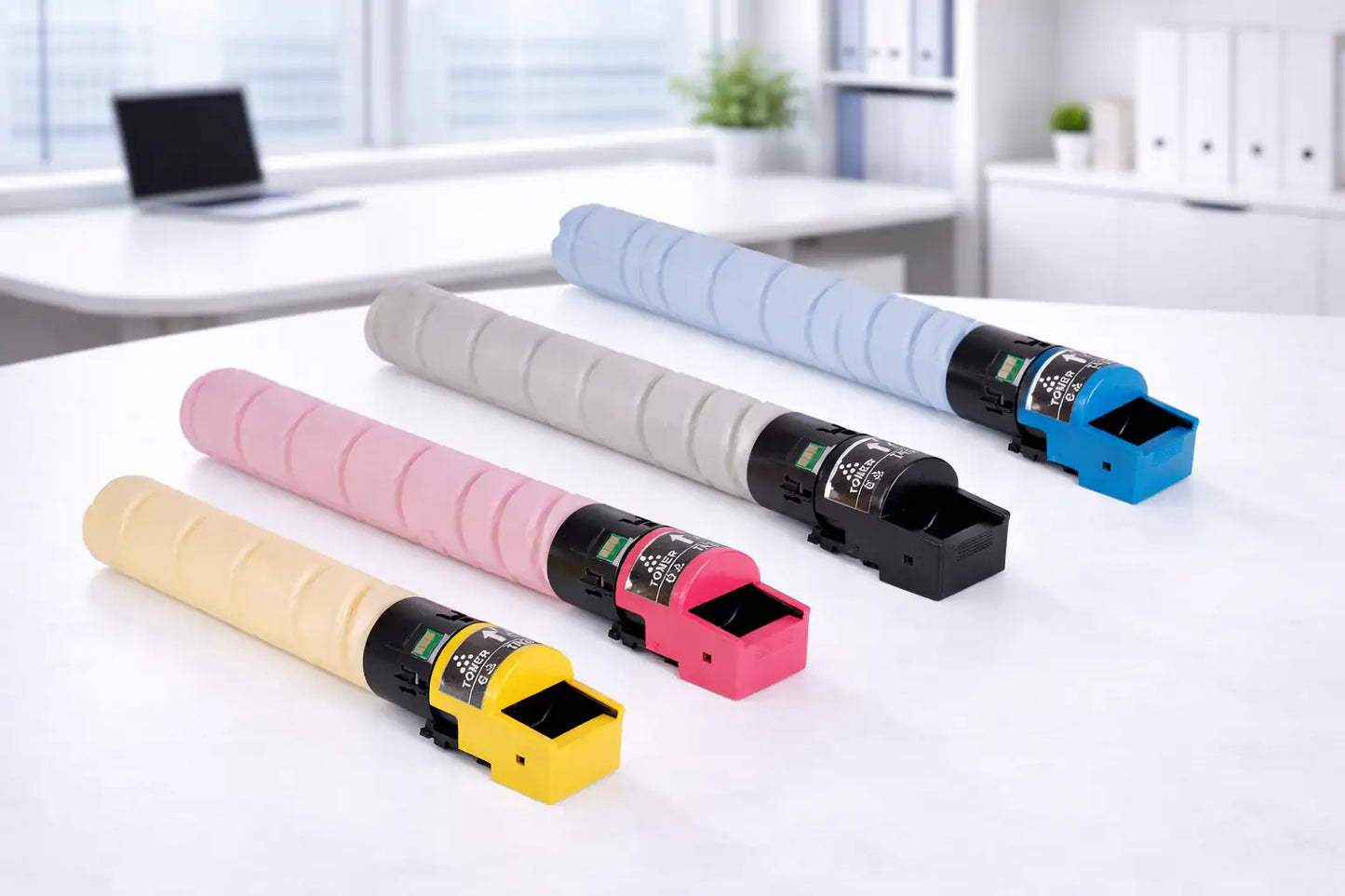 Set of color toner cartridges on a desk with office background