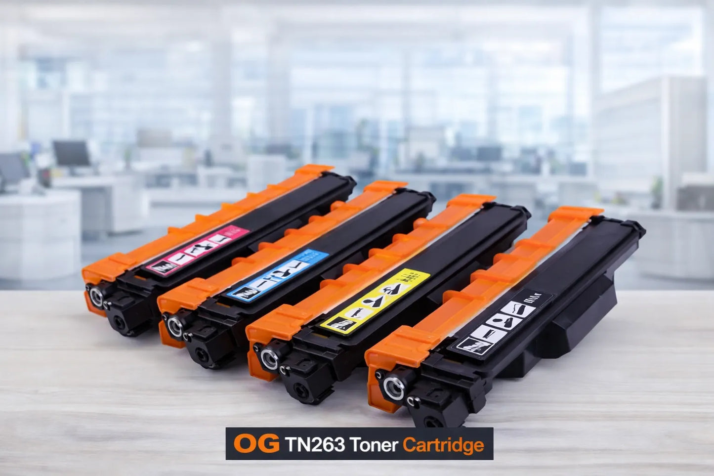 Four toner cartridges with visible color 