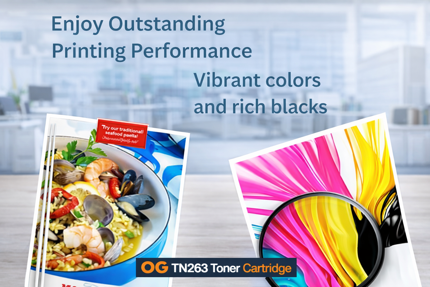 Advertisement for OG TN263 Toner Cartridge with printed materials and vibrant colors.